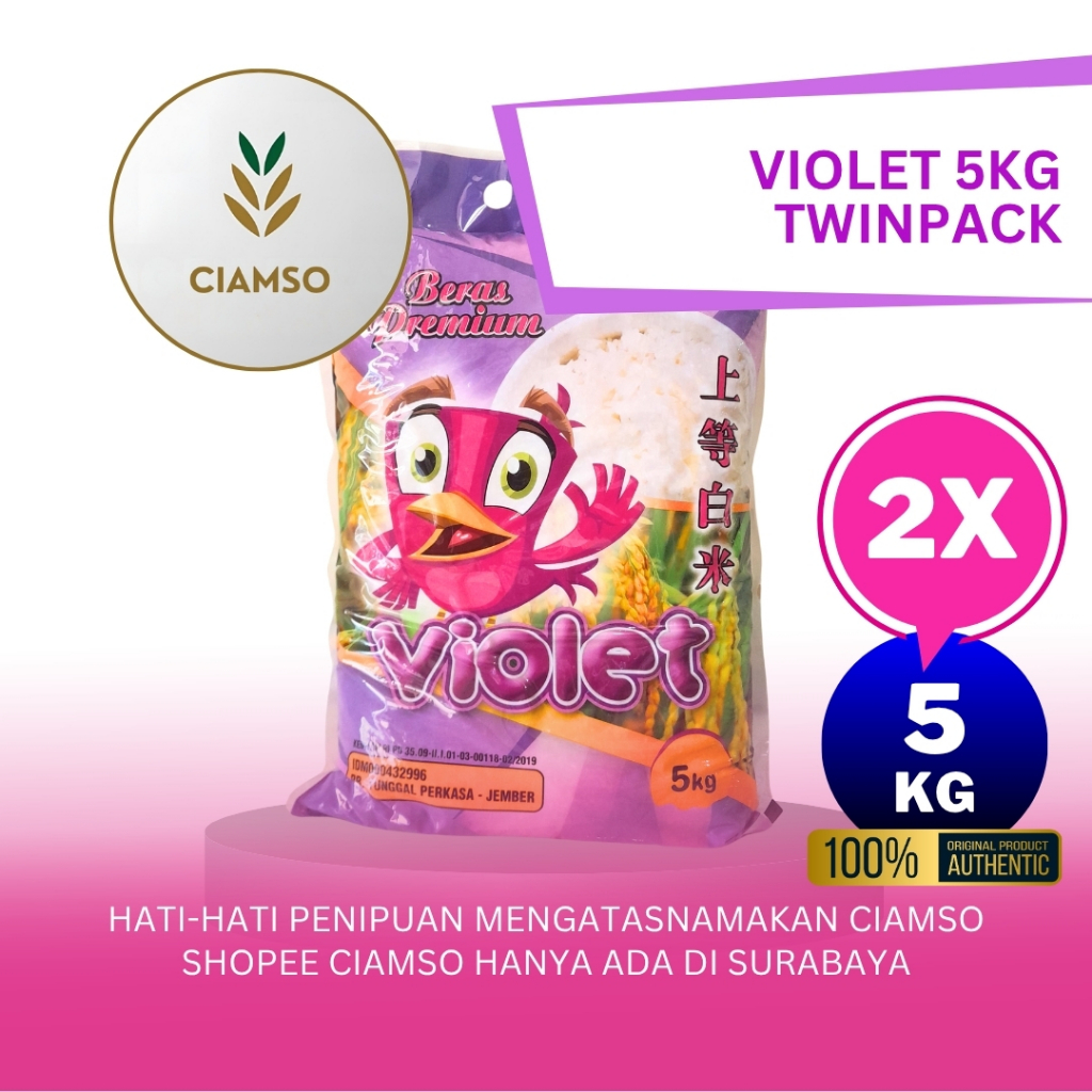 

Beras Premium Violet 5kg Isi 2 (TwinPack) Imut dan Murah (sepabrik dengan Pinpin)