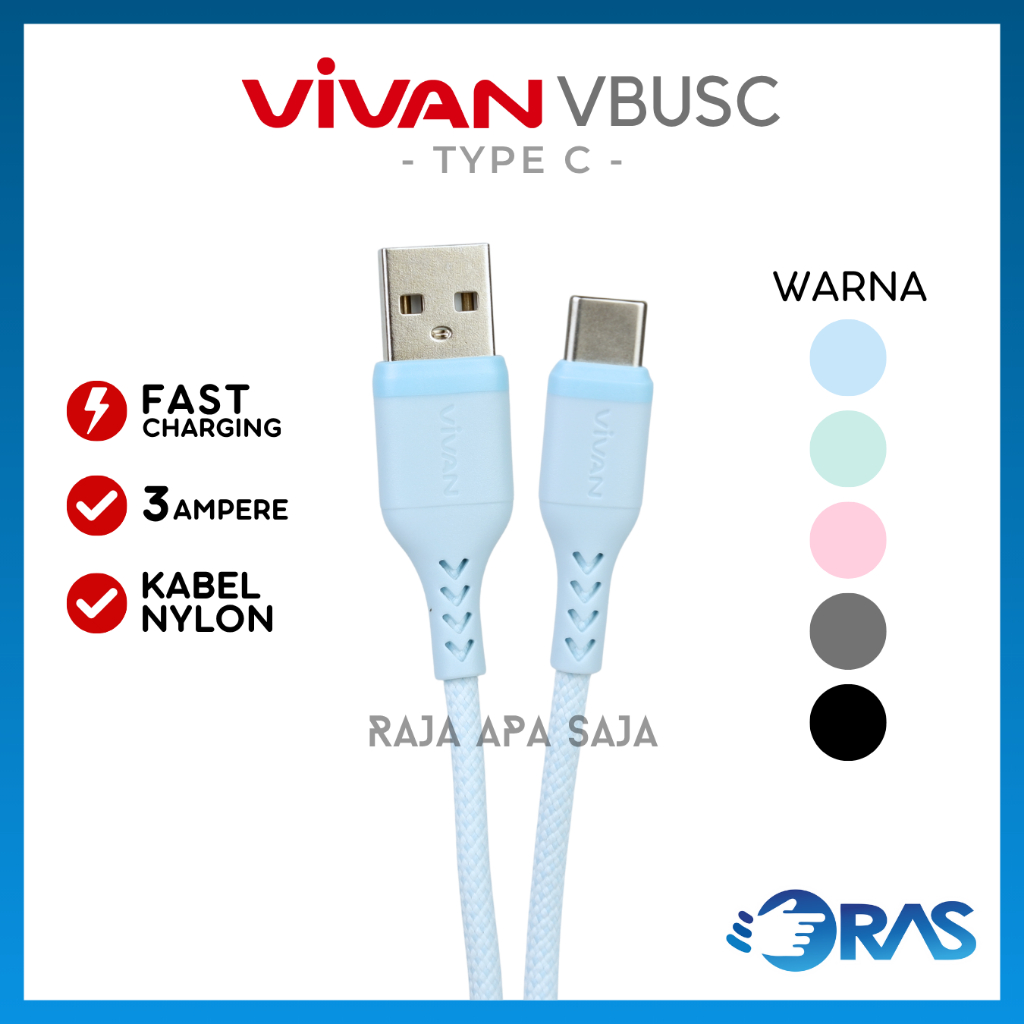 Kabel Data Charger Vivan Tipe C 3A Fast Charging Quick Charge Casan Carger Tepsi Taepsi Type C VBUSC