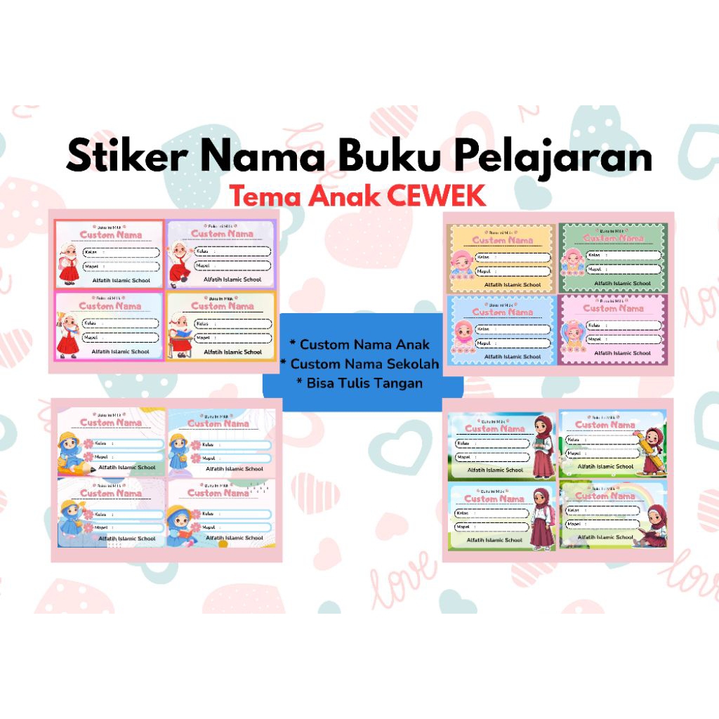 

20 PCS Stiker Label Nama Buku Sekolah Anak PEREMPUAN/CEWEK | Costum Nama dan Sekolah