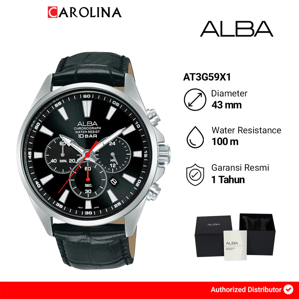 Jam Tangan Pria ALBA Active AT3G59X1 Black Dial Black Leather Strap