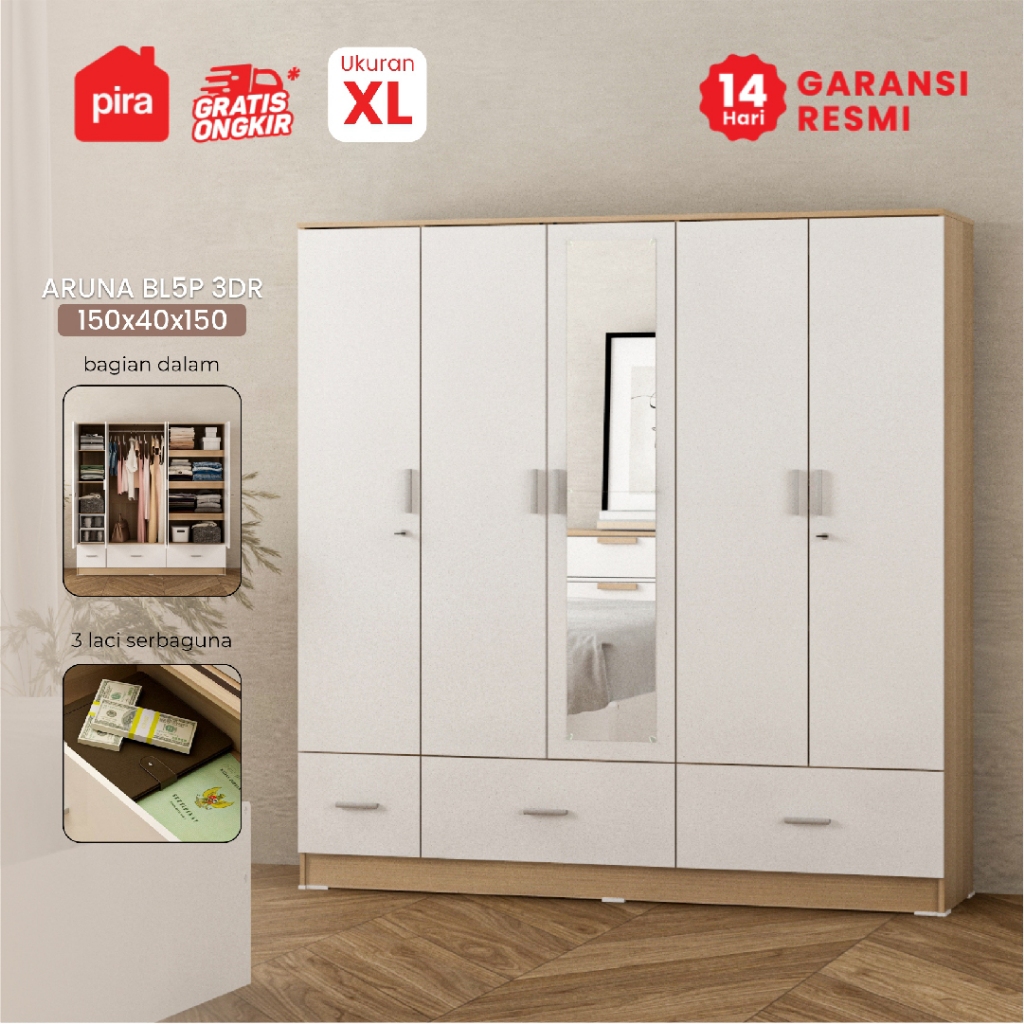 PIRA METROPOLIS OX -  ARUNA BL5P 3DR Lemari Pakaian 5 Pintu / Lemari Baju dengan Laci