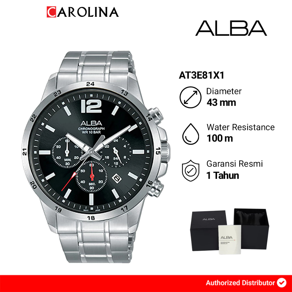 Jam Tangan Pria Alba Chronograph AT3E81X1 Black Dial Silver Stainless Steel