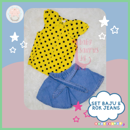 BABYSAURUS Set Baju Premium Bayi Perempuan (Rok Jeans dengan Atasan Motif Polka Dot)