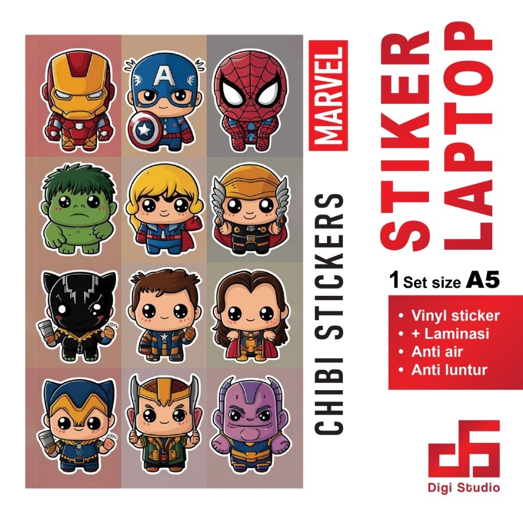 

Cutting Stiker karakter Chibi Marvel satu set ukuran A5