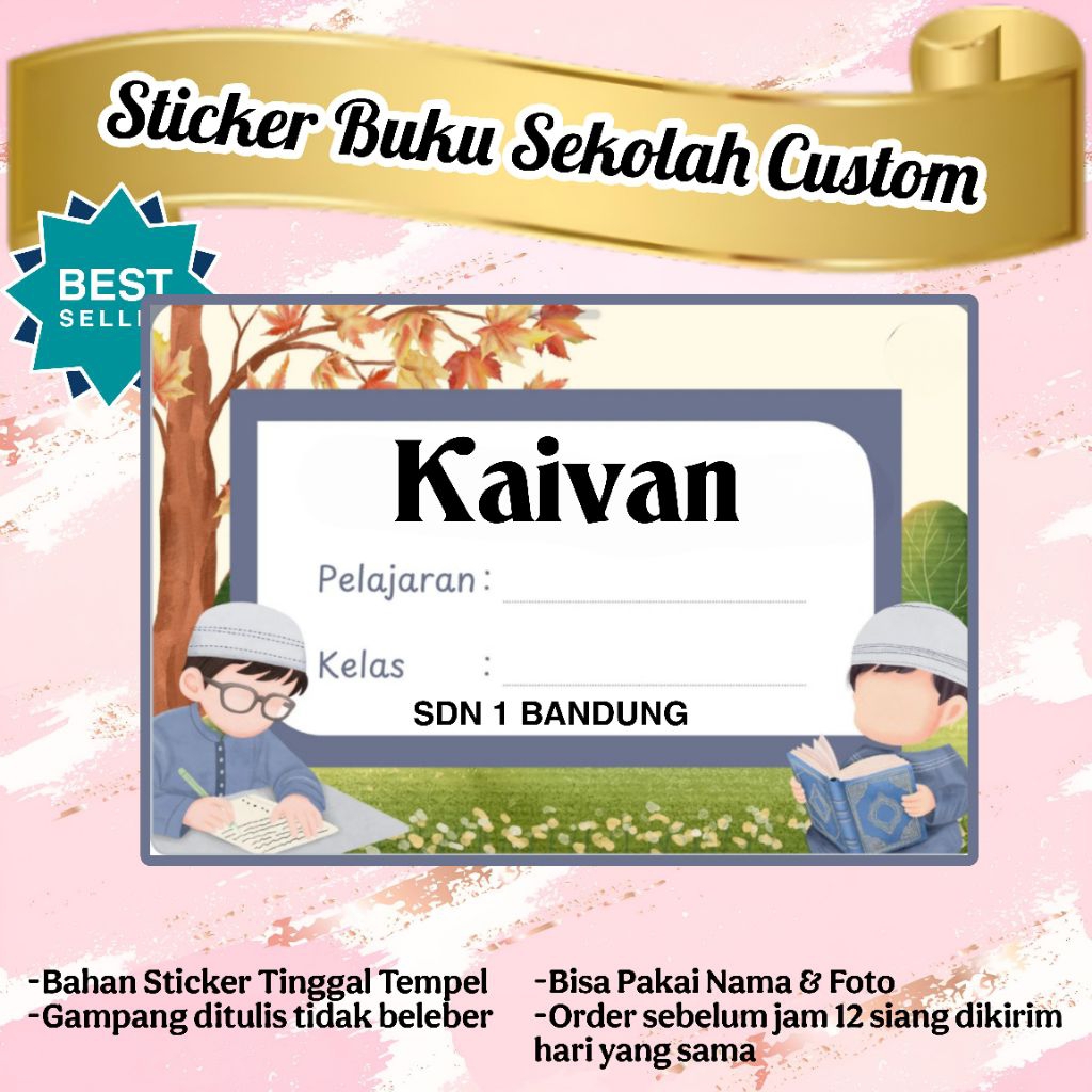 

(ISI 50 PCS) SUDAH ADA LEM STICKER LABEL BUKU SEKOLAH CUSTOM NAMA & FOTO MOTIF ANAK SHOLEH