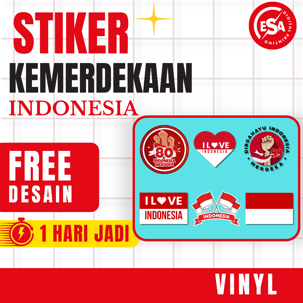 

Stiker Hari Kemerdekaan 17 Agustus Vinyl A3+ Bendera Silang & Tulisan Indonesia Siap Tempel