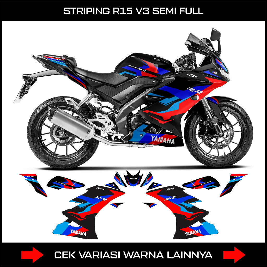 STRIPING R15 V3 BMW TRI COLOR DECAL - CUSTOM DESIGN FOR YAMAHA R15 V3 STICKER DECAL VARIASI SEMIFULL