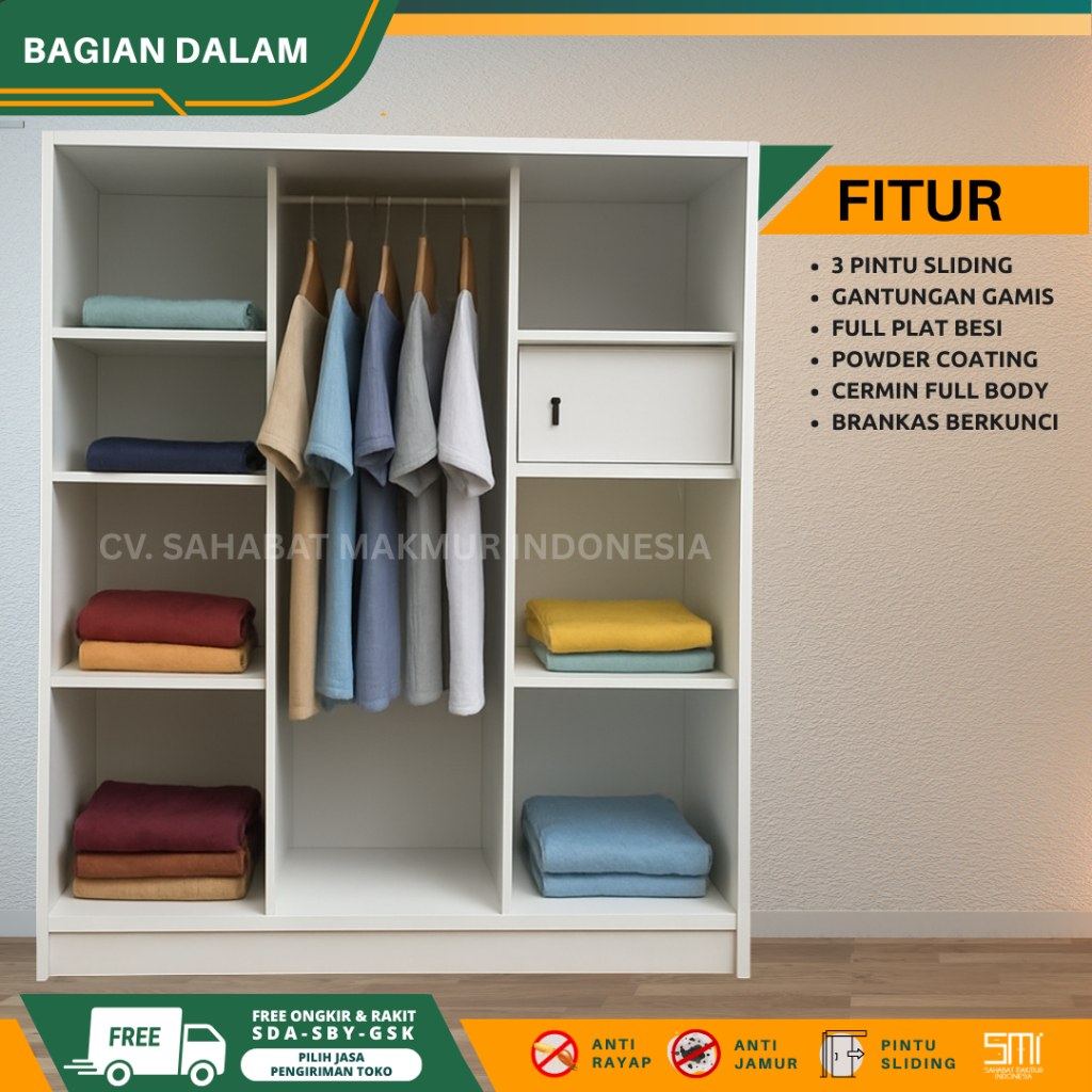 Lemari Besi Jumbo 150cm Lemari Baju 2 Pintu Lemari Pakaian Sliding 3 Pintu Lemari Besi Almari Baju