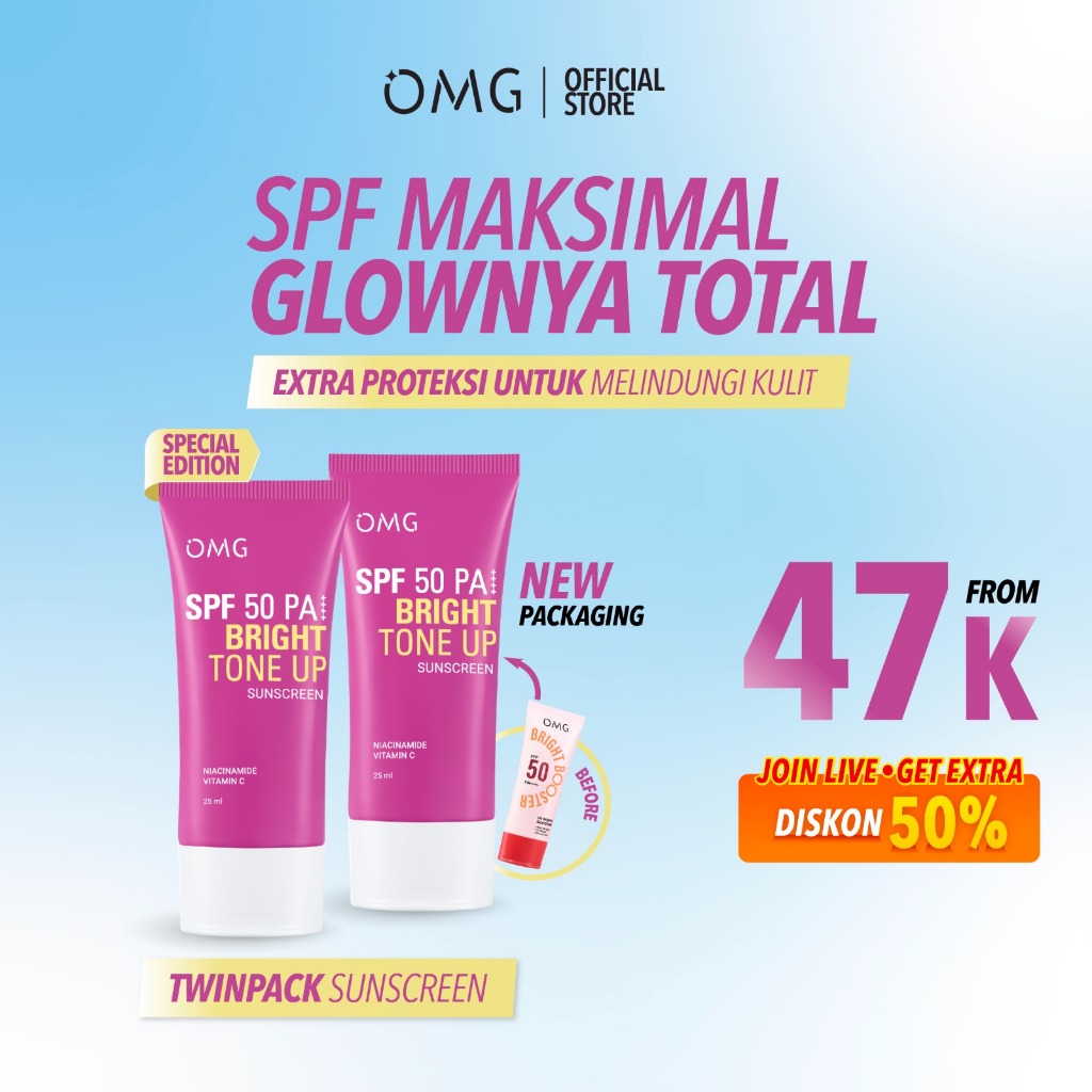 [TWINPACK] OMG Oh My Glow Bright Booster UV Barrier Sunscreen SPF 50 PA++++ - Untuk Semua Jenis Kuli