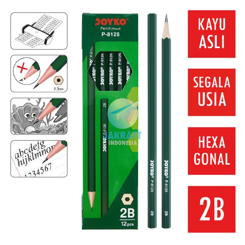 

[ATMS]JUAL 1 KOTAK 12 PCS PENCIL JOYKO Pensil Tulis Kayu 2B JOYKO P-8126 Hexagonal FOR COMPUTER