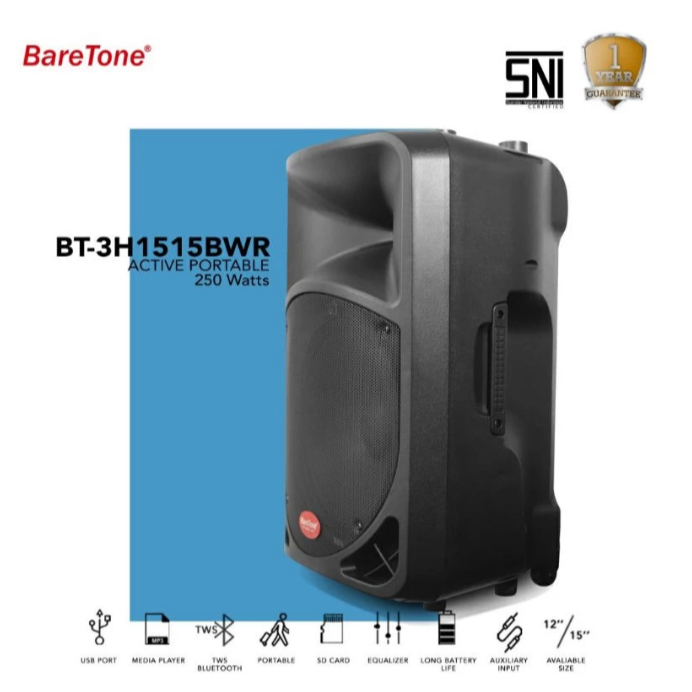 Speaker Aktif Portable 15 inch Baretone BT 3H1515BWR Bluetooth Xbass 2 Mic Wireless Original 15BWR