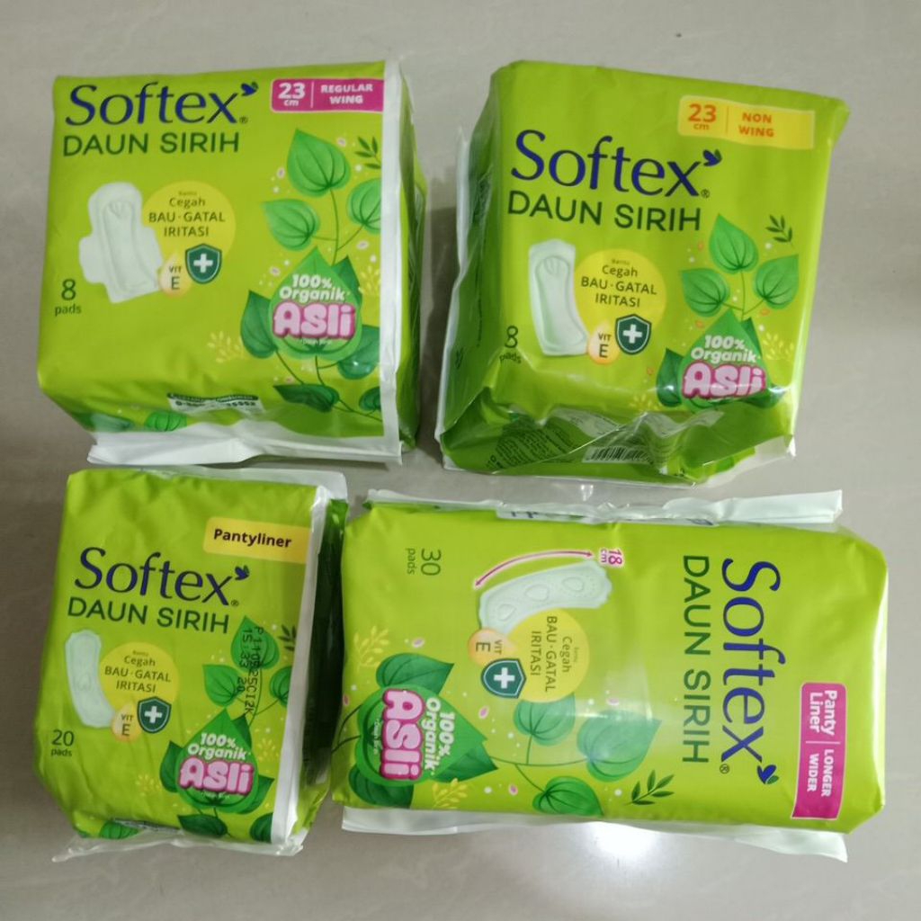 Softex daun sirih wing, non wing, pantyliner, long wider, sachet/rencengan dan softex daun sirih/nat