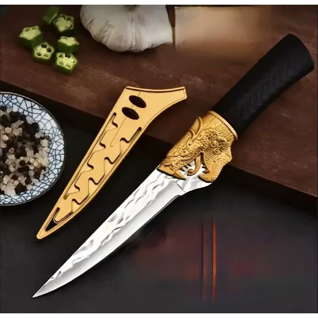 PISAU MOTIF NAGA EMAS DENGAN SARUNG / PISAU DAPUR SERBAGUNA