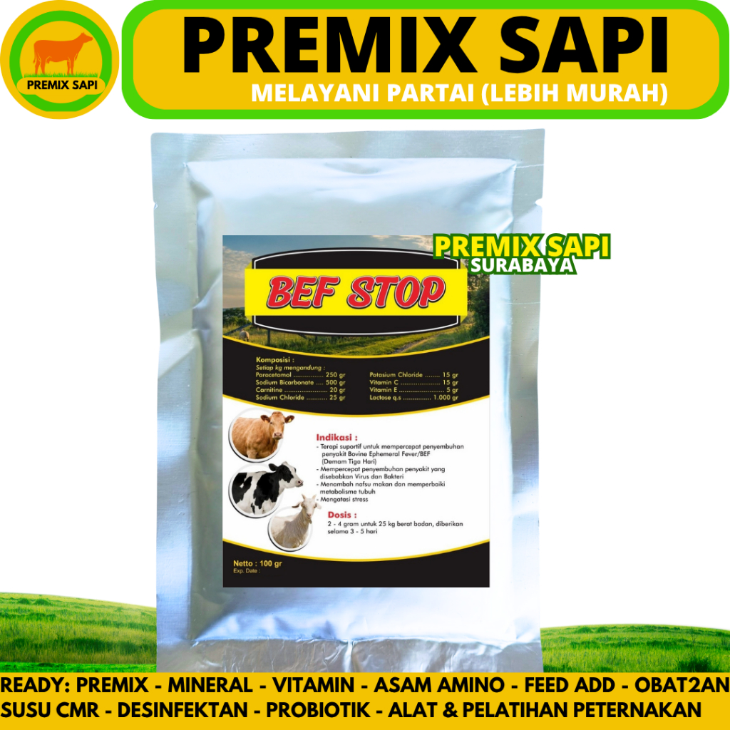 BEF STOP 100 GRAM - Obat Sapi Demam Penurun Panas Ambruk Kembung Flu - Obat BEF Demam 3 hari Sapi