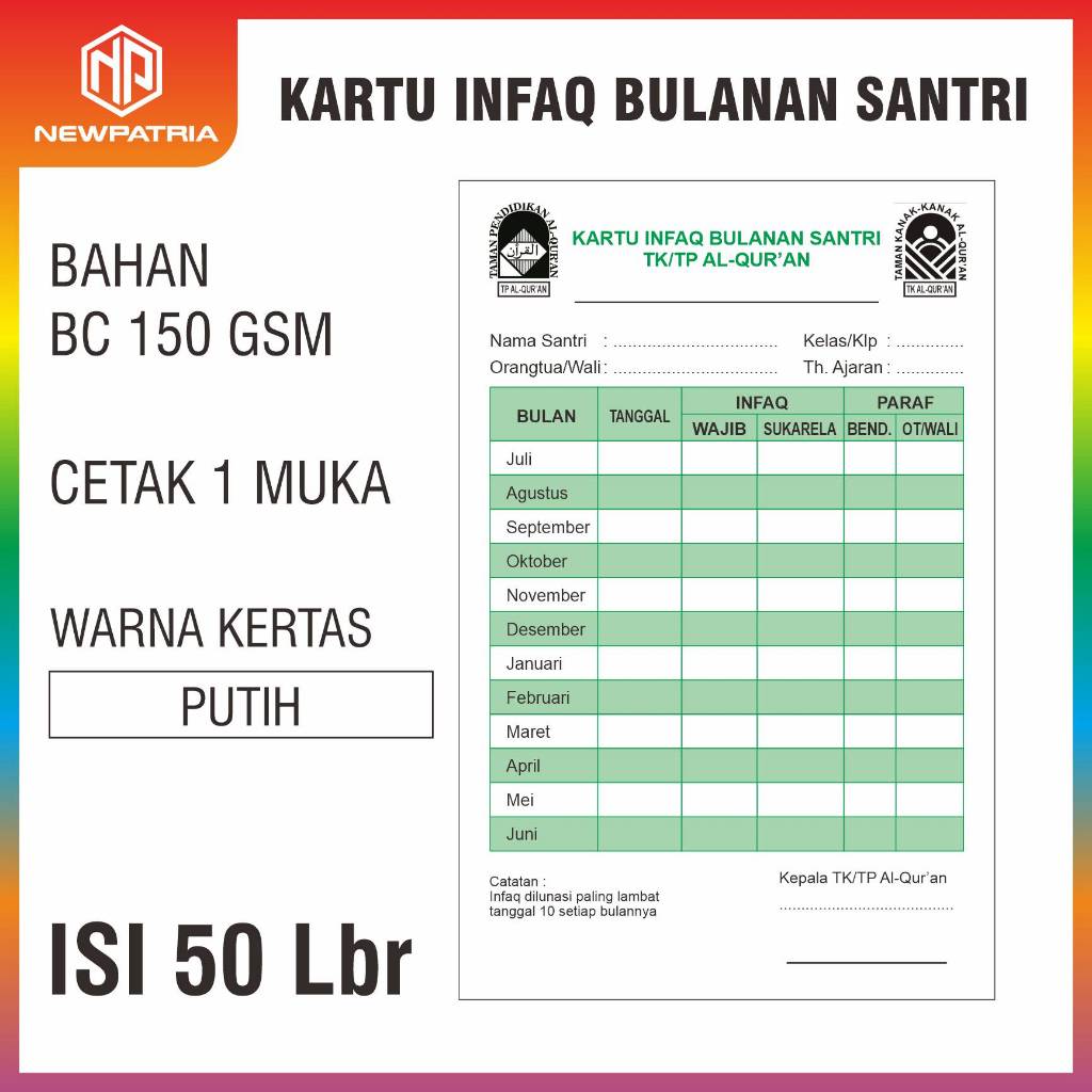 

[ PROMO ] KARTU INFAQ BULANAN SANTRI TP/TK AL QURAN - ISI 50 pcs