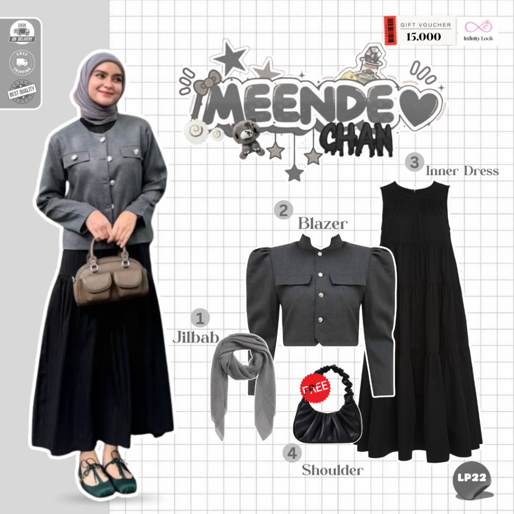 INFINITY - One Set Wanita Kekinian Korea Hijab  | Hijab Bella Square Abu Abu,Blazer Crop Top Dark Gr