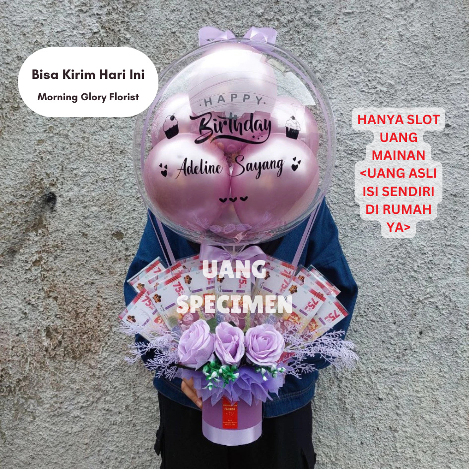 <Bisa Kirim Hari Ini>  Balon Bouquet Buket Bucket Uang + Bunga (Isi Uang Sendiri) - Morning Glory