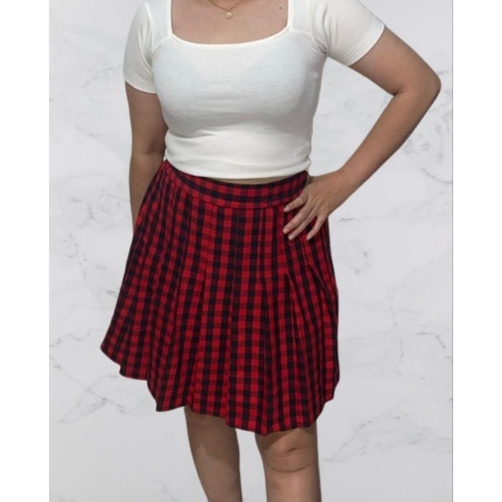 Rok Kotak-Kotak Tartan Merah Bahan Flanel