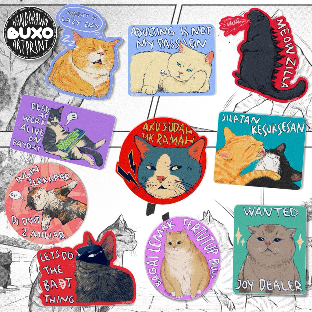 

buxo - meme KUCING cat anabul vinyl sticker PART 1 / premium waterproof - quote joke meme lucu aesthetic y2k aksesoris laptop hp motor helm suitcase