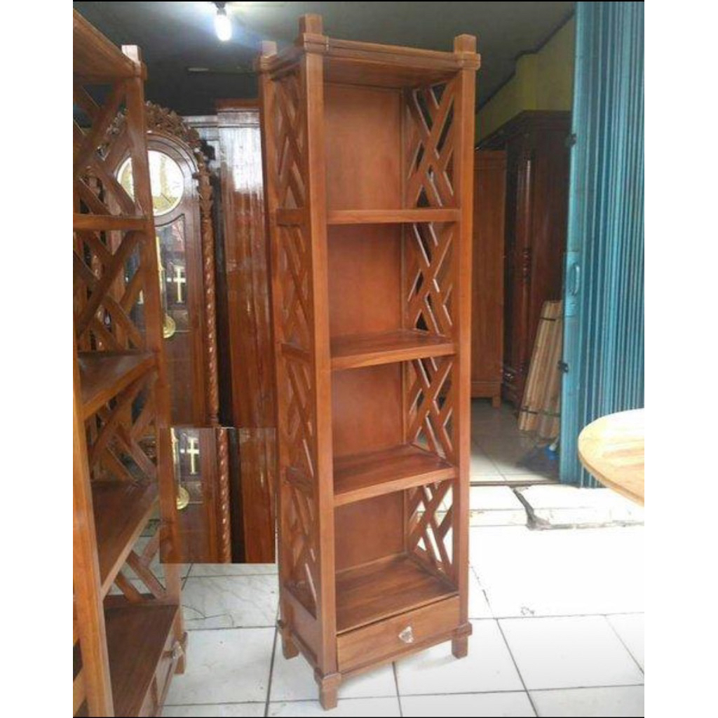 Rak buku minimalis kayu jati Rak buku 1 Laci jati Rak buku jati