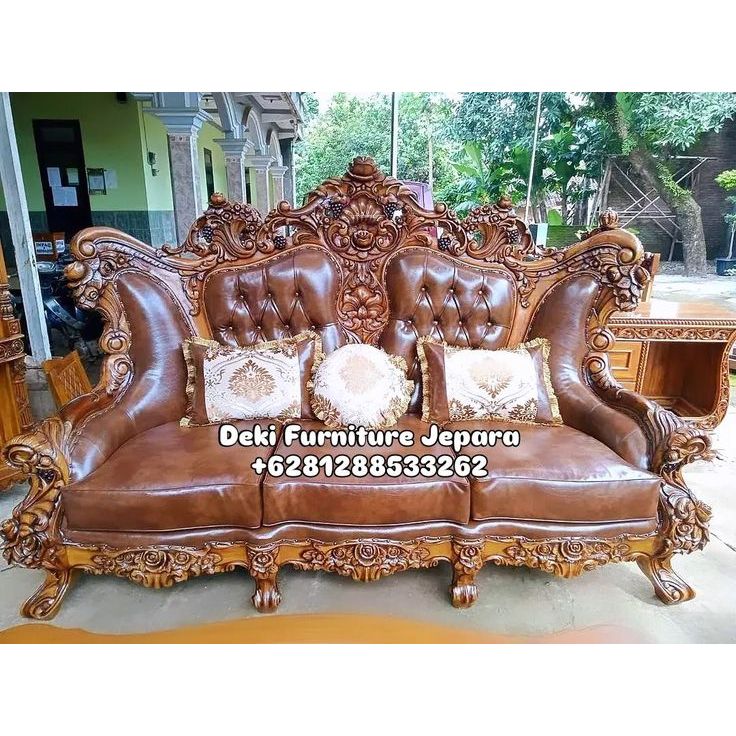 Sofa Besar Ruang Tamu Mewah Elegan Kulit Kursi Jepara Kayu Jati 3211 Sultan