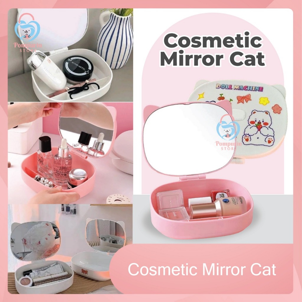 Cosmetic Mirror Cat - PINK (Rak Cermin Organizer Lipat) (AK2-08) / Kotak Kosmetik Travel