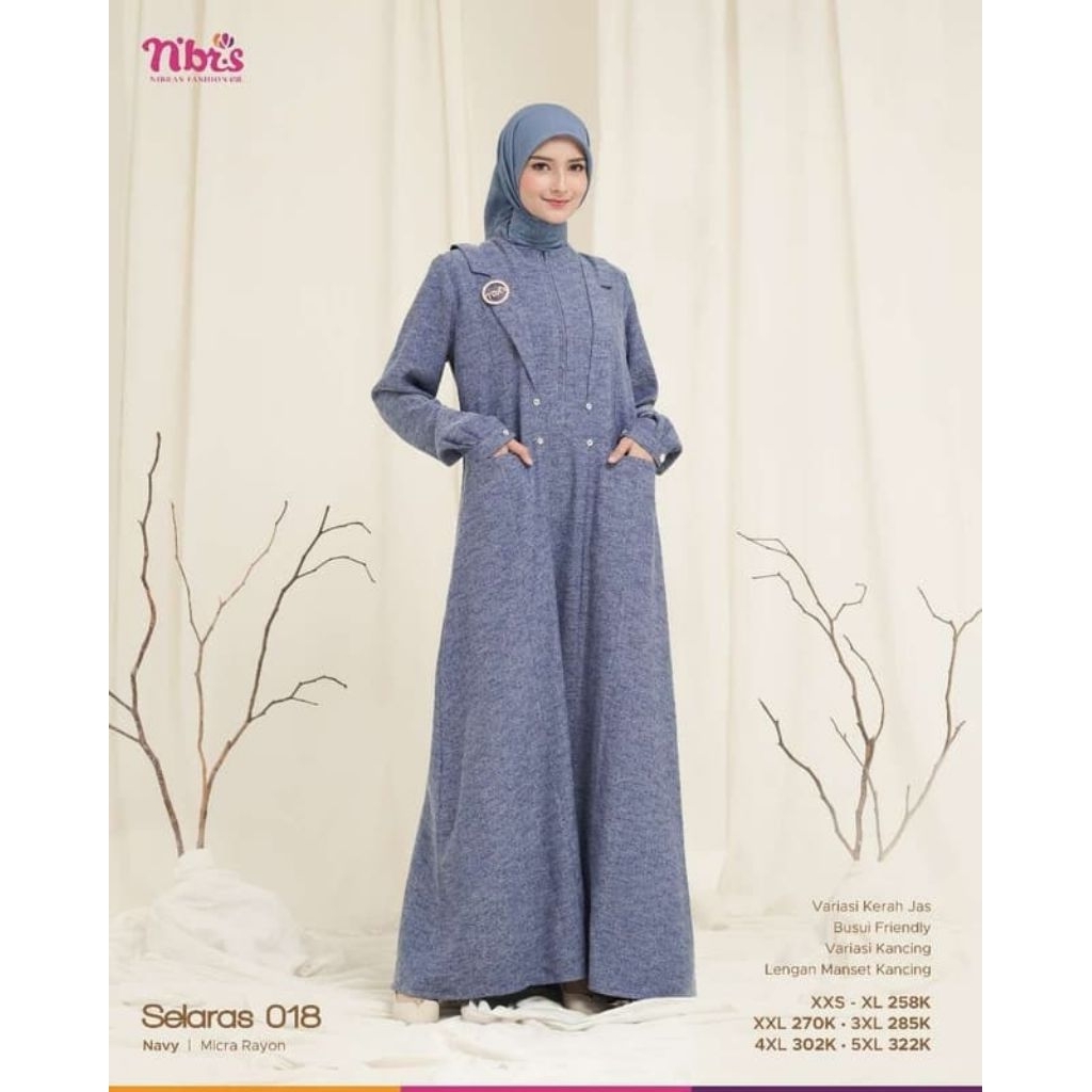 Gamis Nibras Terbaru Selaras 018 Warna Biru Navy Bahan Micra Rayon Adem Halus Jatuh Variasi Kerah Ja