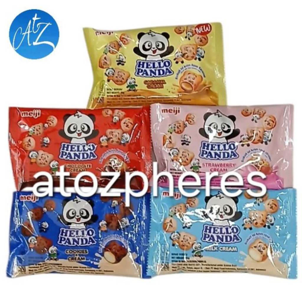 

Biskuit coklat isi krim rasa cokelat stroberi kukis krim susu karamel halal MUI meiji HELLO PANDA Chocolate Strawberry Cookies & Cream Milk Caramel flavoured flavored filled cocoa biscuit biscuits snack snacks 25g