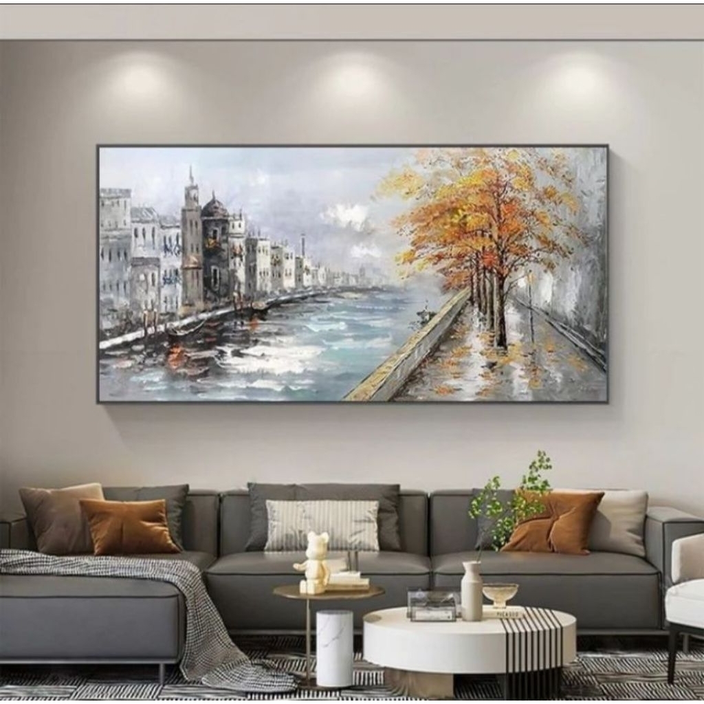 lukisan dinding minimalis modern pemandangan kota dan sungai