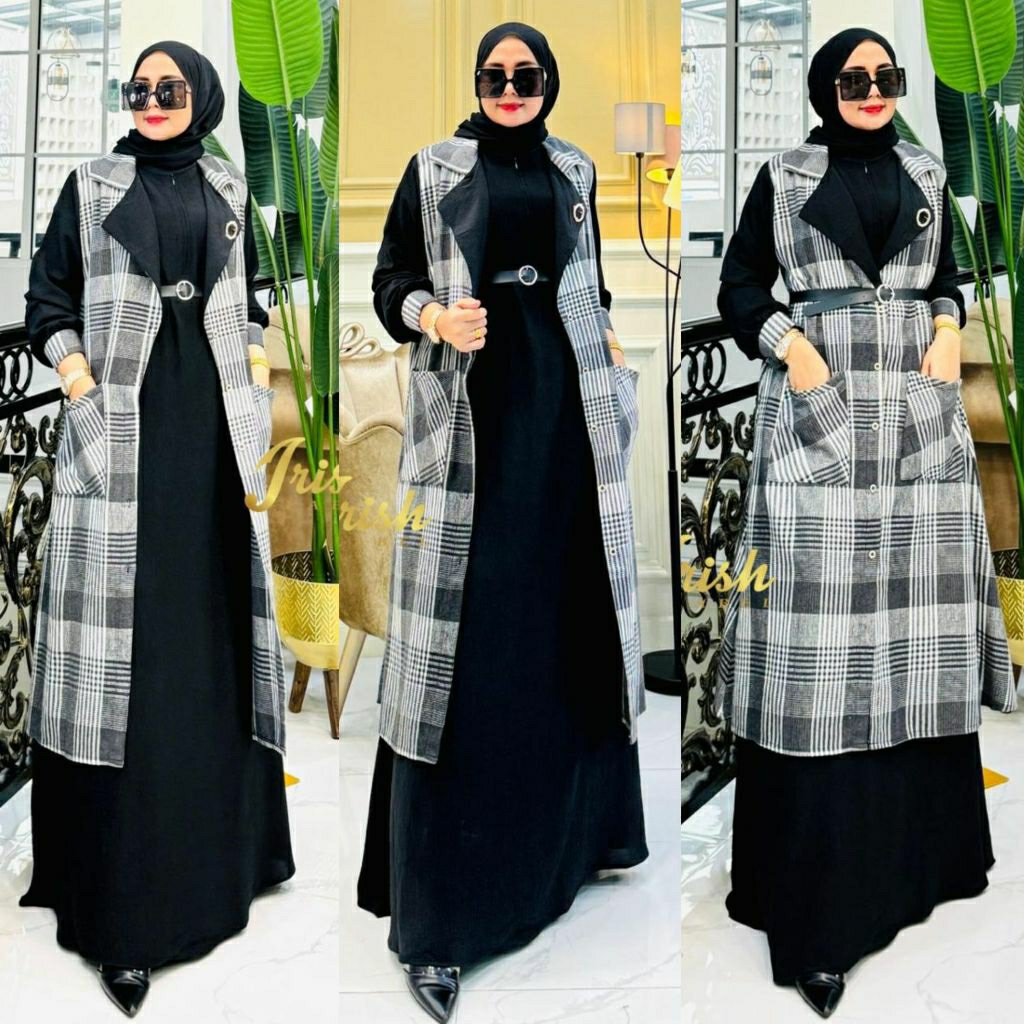 ZALFA SET OUTER BY IRISH LABEL DRESS INNER OUTER FLANEL ONESET LONG BLAZER MOTIF 2IN1 gamis modis si