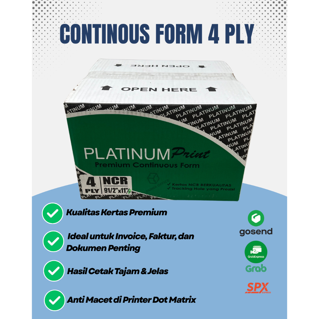 

Kertas Faktur / Kertas Continuous Form 4 Ply dan 4 Ply bagi 2 ukuran 9½ x 11 merk PLATINUM