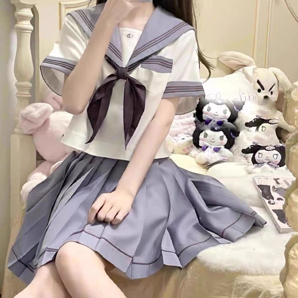 Yaong - JK Seragam Seifuku Sekolah Putih Ungu Pastel Lengan Pendek Tema Pelaut Gaya Jepang Perempuan