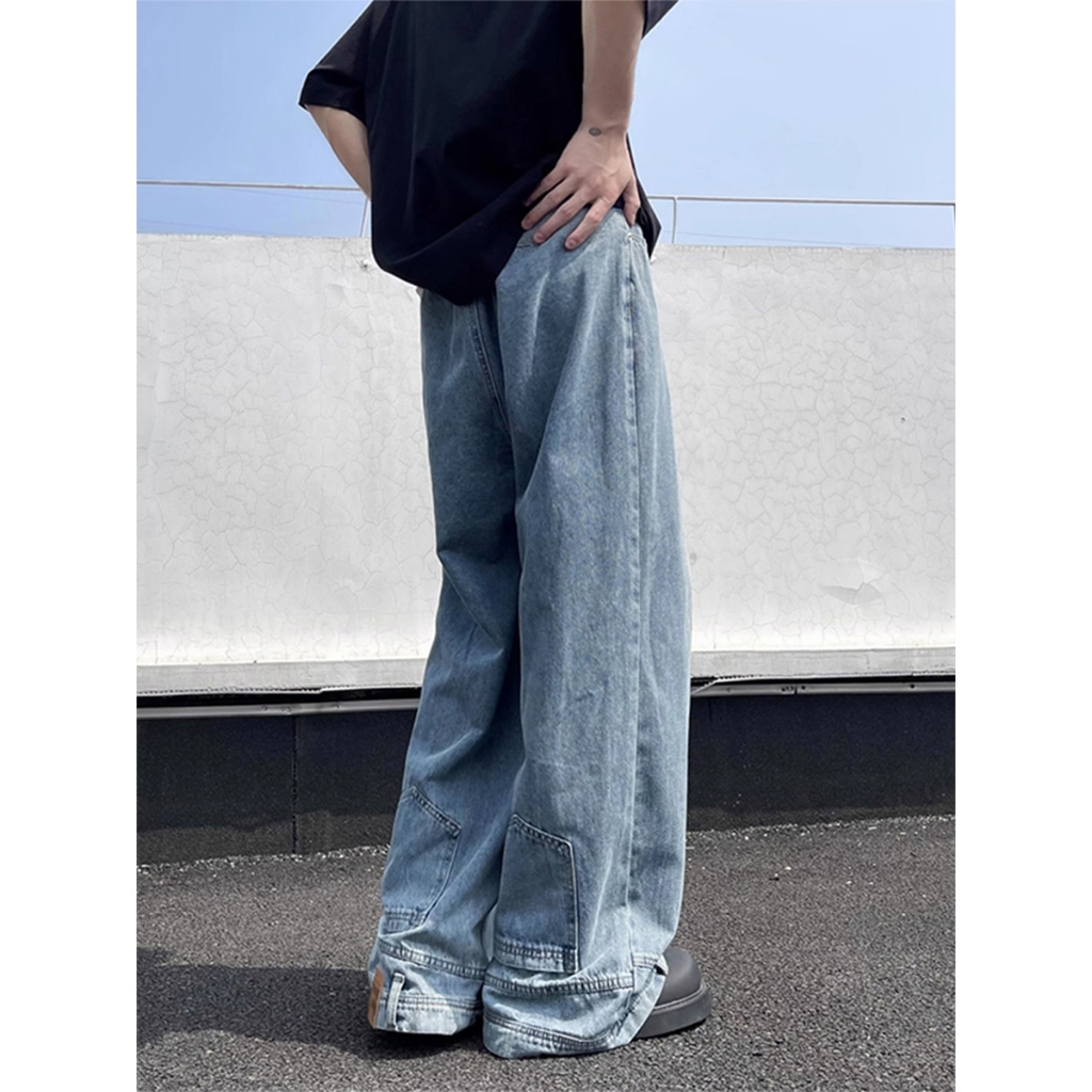 [Celana yang dikenakan terbalik] Jeans lurus longgar berwarna biru - celana longgar berkaki lebar