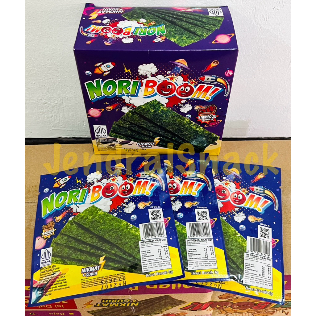 

NORIBOOM NEW PROMOTION - 1 BOX Nori Boom Rasa Original Keju Pedas BBQ Ayam Goreng 1 Pack Isi 12 pcs @3gr Jajanan Termurah