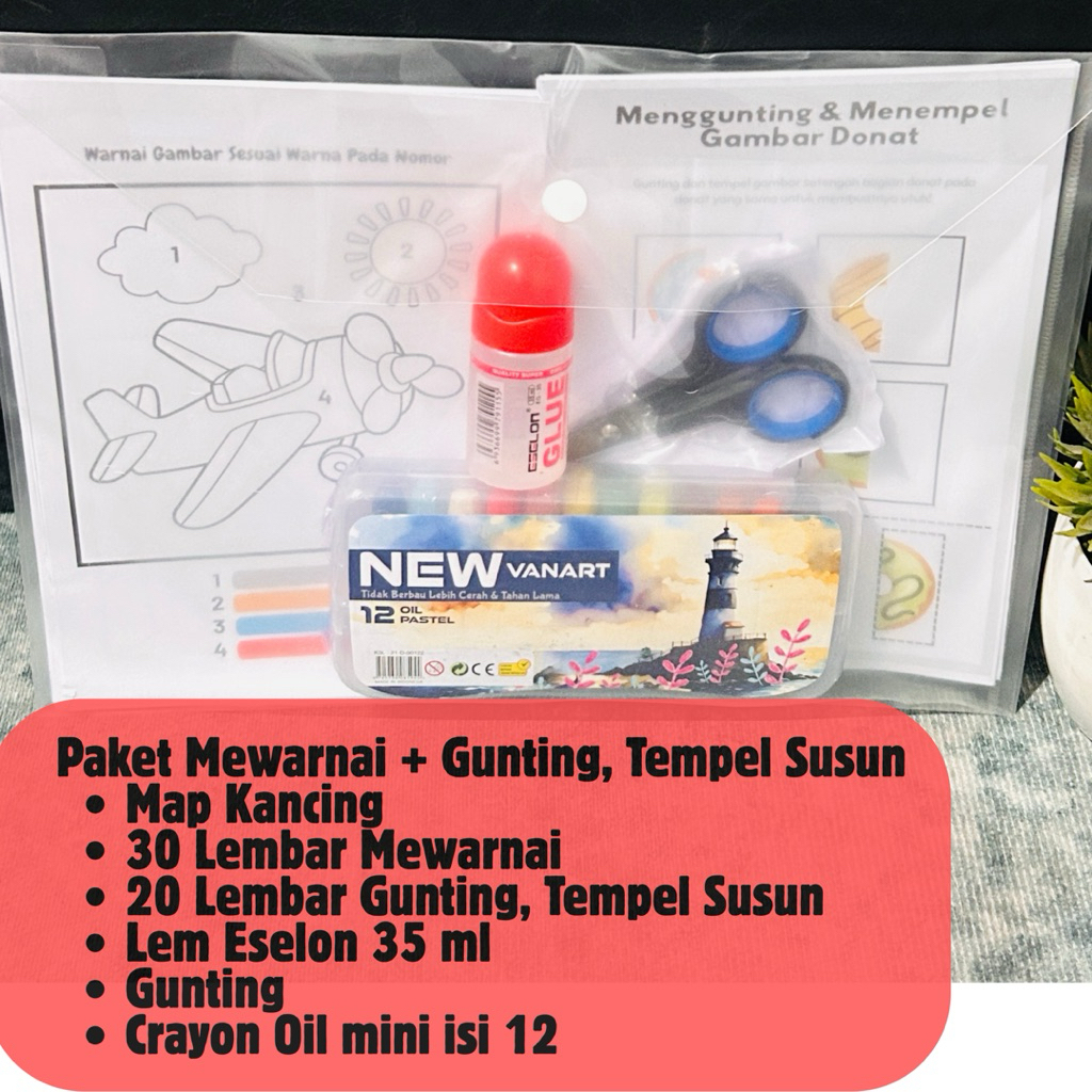 50 Lembar Aktivitas Edukasi Anak TK PAUD – Mewarnai, Gunting, Tempel + Bonus Crayon Lem Gunting