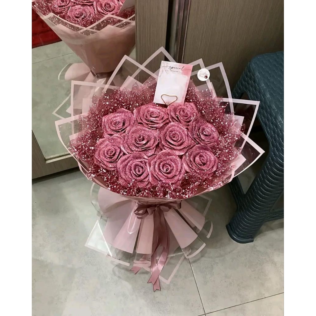 10 tangkai mawar pita satin gliter+ wraping + tile salju gembul