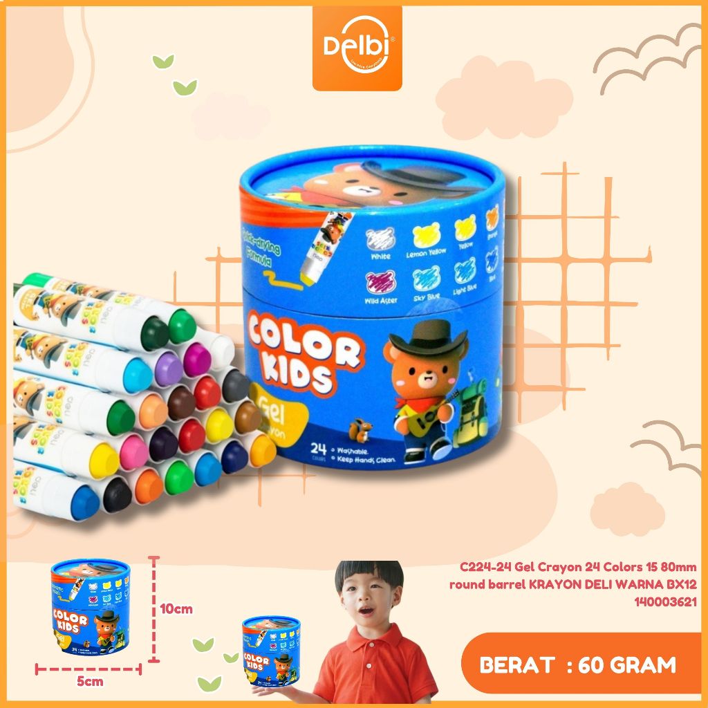

Deli Plastic Crayon / Krayon Plastik 12/24/36 Tidak mengotori tangan ergonomis tidak beracun HE901 C224-24 Gel Crayon 24 Colors 15*80mm round barrel