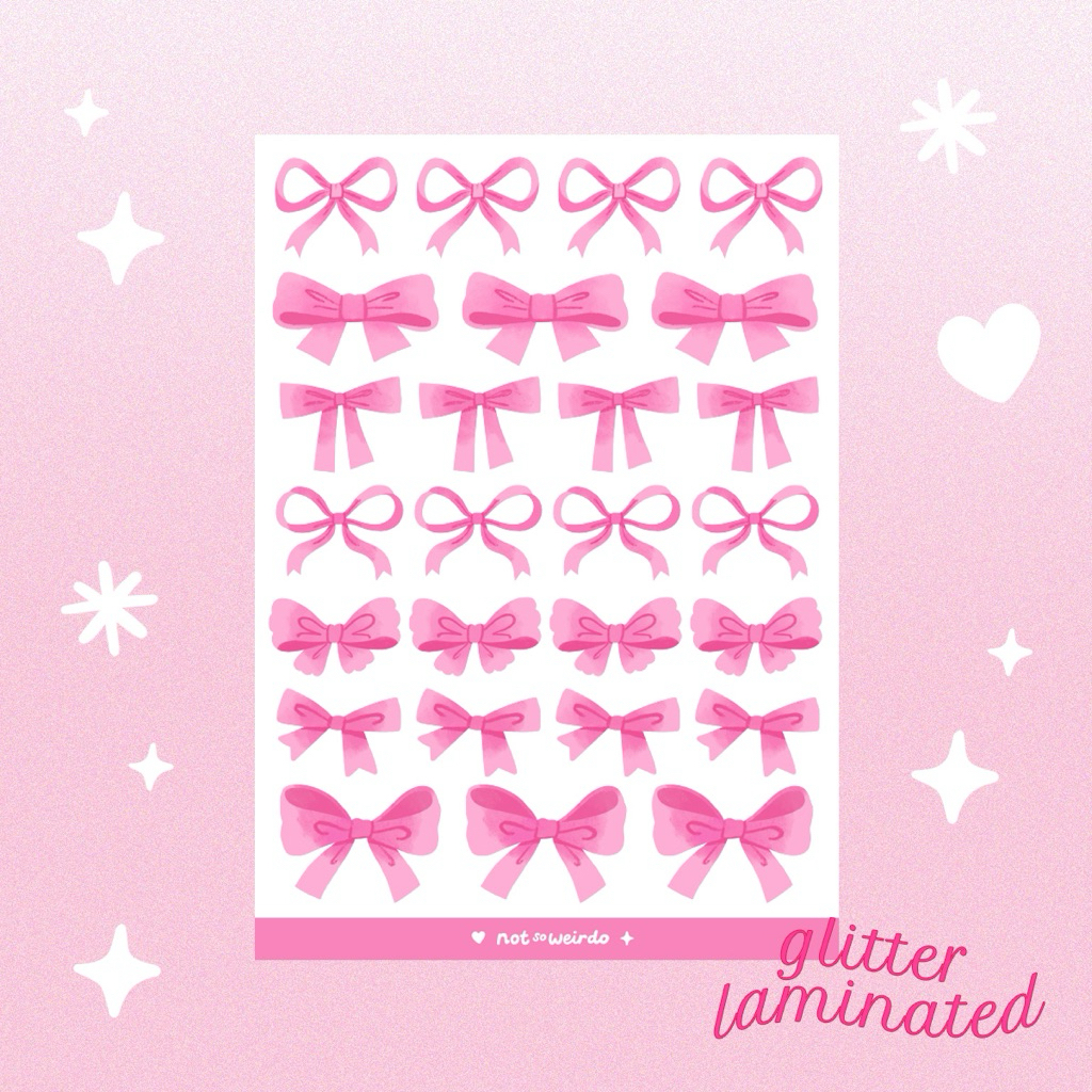 

notsoweirdo - Coquette Pink Bows - Glitter Laminated Sticker, Vinyl Waterproof Sticker Sheet, Sticker Pita, Ribbon, Pink Bow, Coquette Aesthetics
