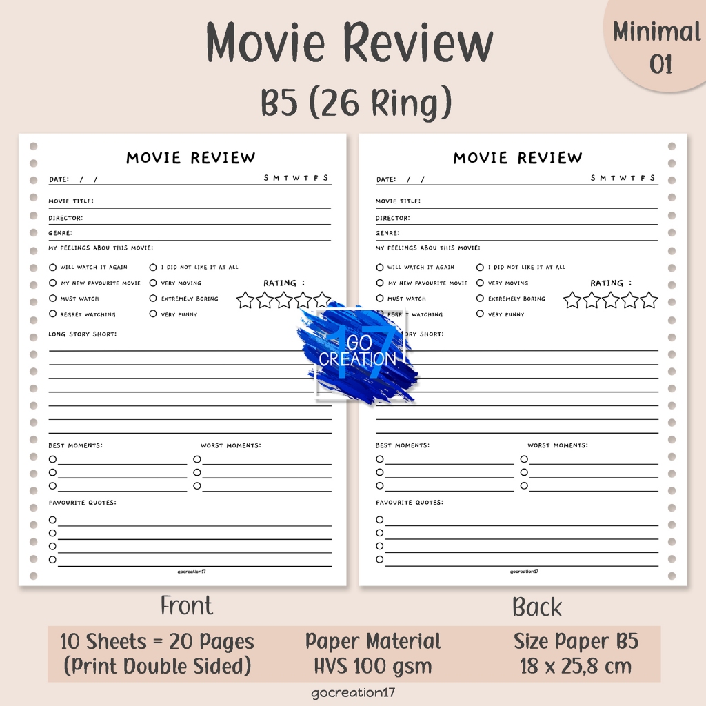 

Kertas Isi Binder Planner Movie Review Simple Minimalis B5