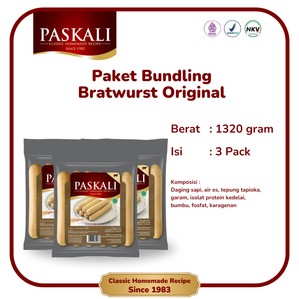 

Paskali Bundle Sosis Bratwurst Original 440 Gram (Isi 3 Pack)