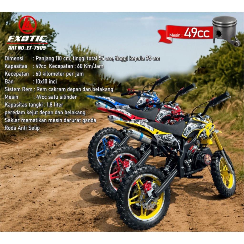 Sepeda Motor Anak Bensin 50cc PMB PUTX 701 UTX 601 Motor Trail mini ET-7505 Exotic Bensin kuning. Bi