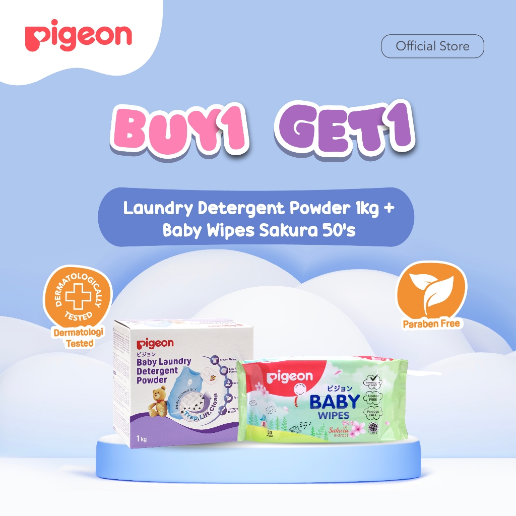 Pigeon Paket Laundry Detergent Powder 1kg bonus Wipes Sakura 50's