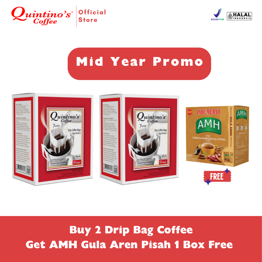 

Quintino's Coffee - Drip Coffee Bag Sumatran Mellow Folding Box 7 x 10gr (2box free AMH Gula Aren Pisah)