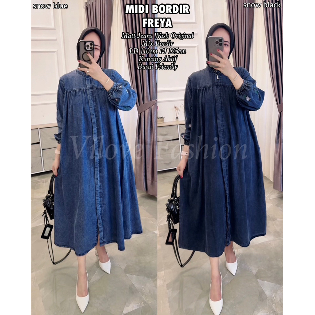 VILOVE- Freya Dress Jeans Mix Bordir | Midi Denim Wanita Dewasa Hijab