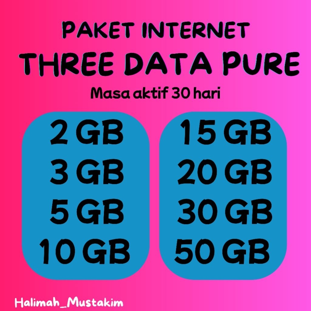 Kuota Internet Three (3) Data Pure 30 hari | kuota murah tri