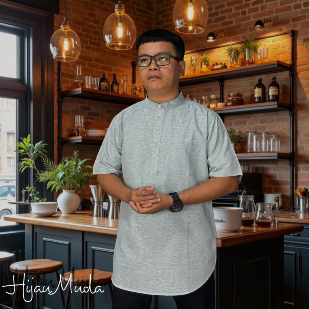 BAJU KOKO PRIA  DEWASA LENGAN  PENDEK | KURTA PRIA DEWASA | BOUJEST koko versi upgrade | HIJAU MUDA 