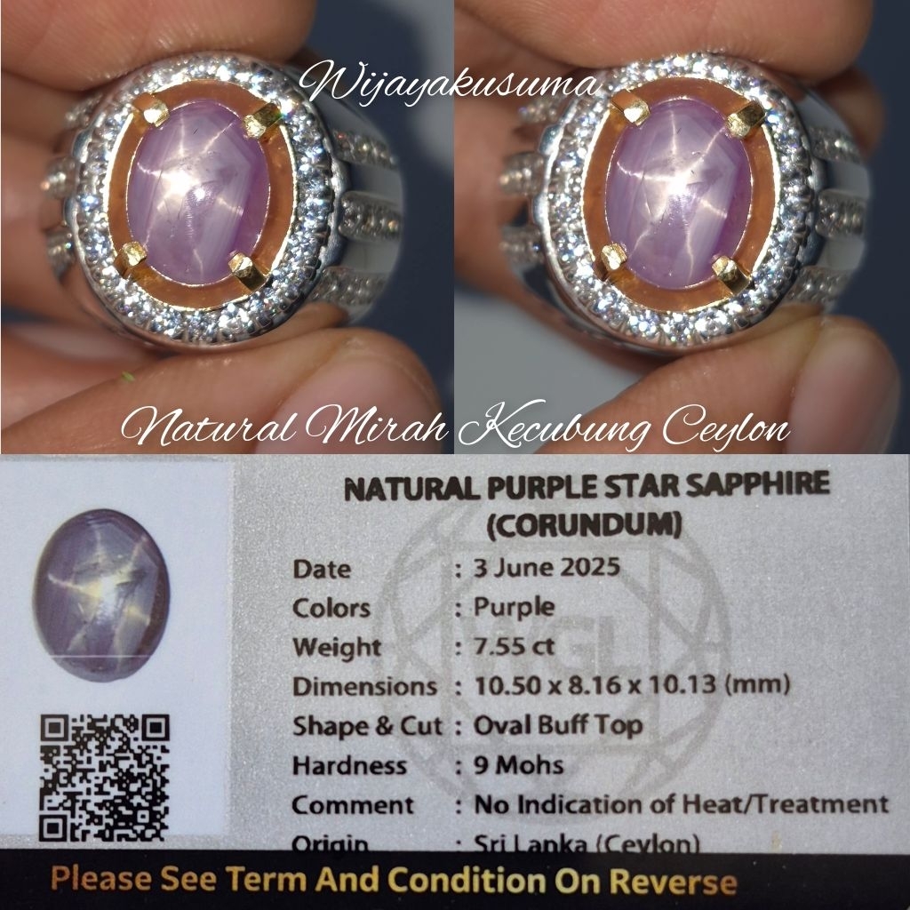 Purple Star Sapphire Ceylon Mirah Kecubung Padma 7.55 crt no heat WGL memo kristal ada bangsing kres