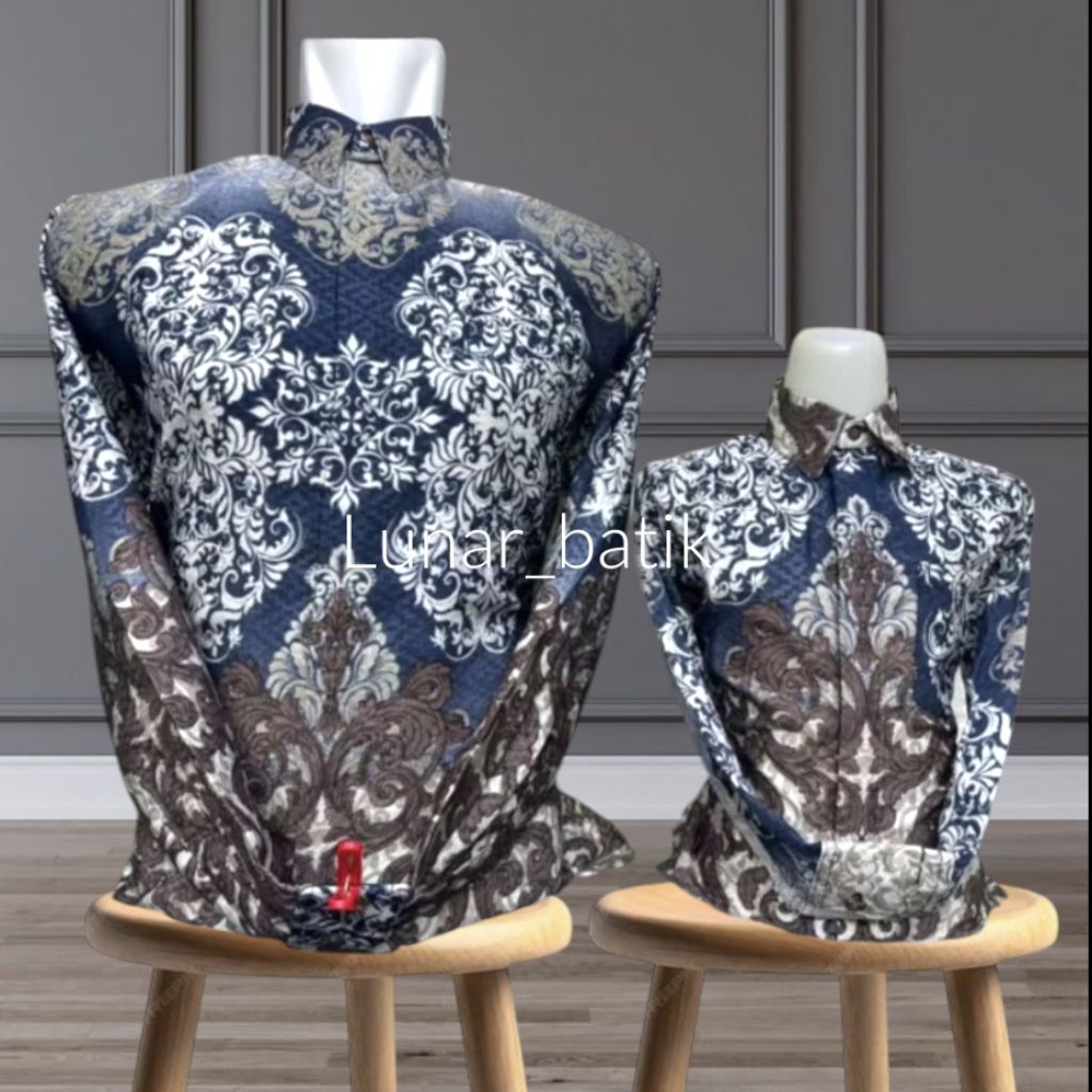 Kemeja Batik Couple Ayah Dan Anak Bahan Dobby Warna Silver Kombinasi Batik Pasangan Bapak Anak