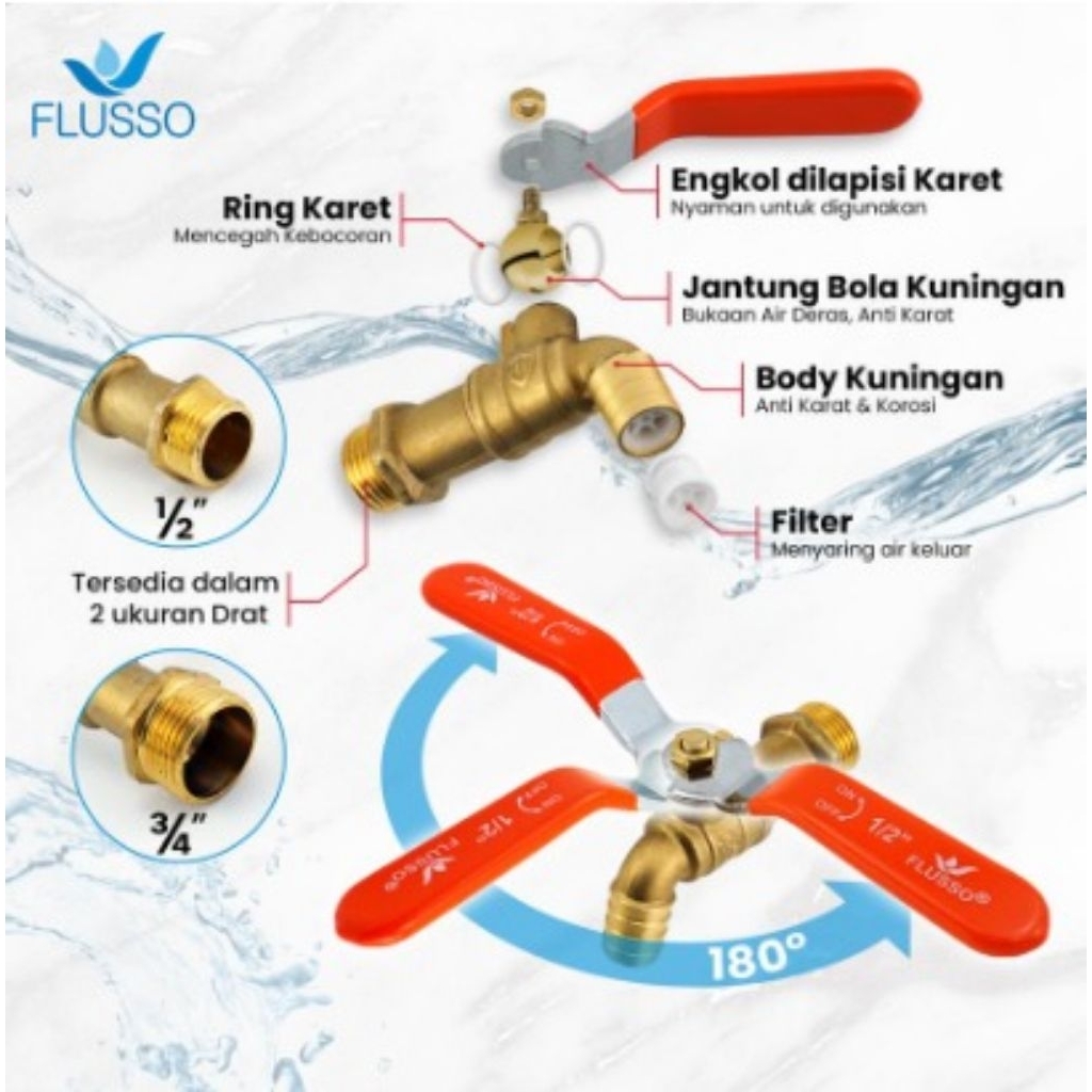 FLUSSO Kran Tembok Kuningan Asli | Kran Kamar Mandi | FLUSSO