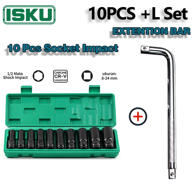ISKU Kunci Shock L Set 11PCS Mata Socket Extention Impact 10pcs Gagang Sock L Panjang Impact Socket